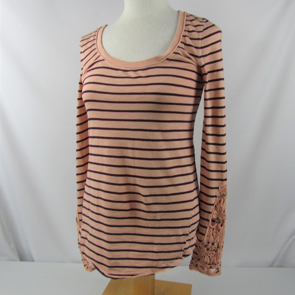 Free People Tops - Free People Top Tee Small Stripe Lace Cuff Cotton